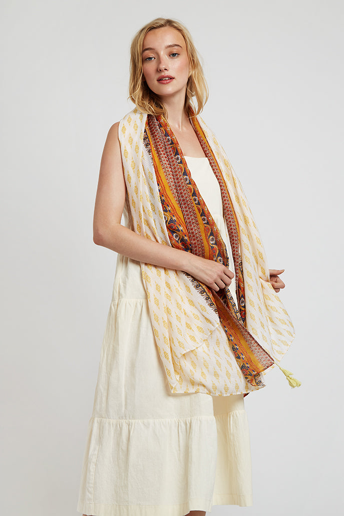 Hadlet Mustard Border Boho Scarf - Front