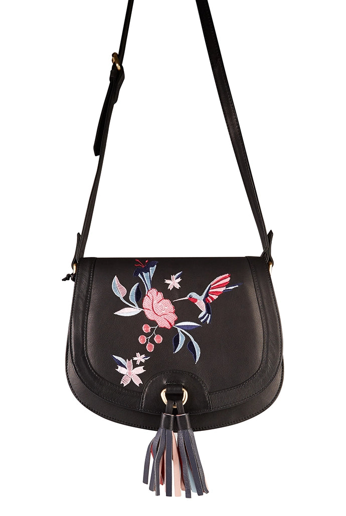 Hazel Hummingbird Embroidery Saddle Bag - Front