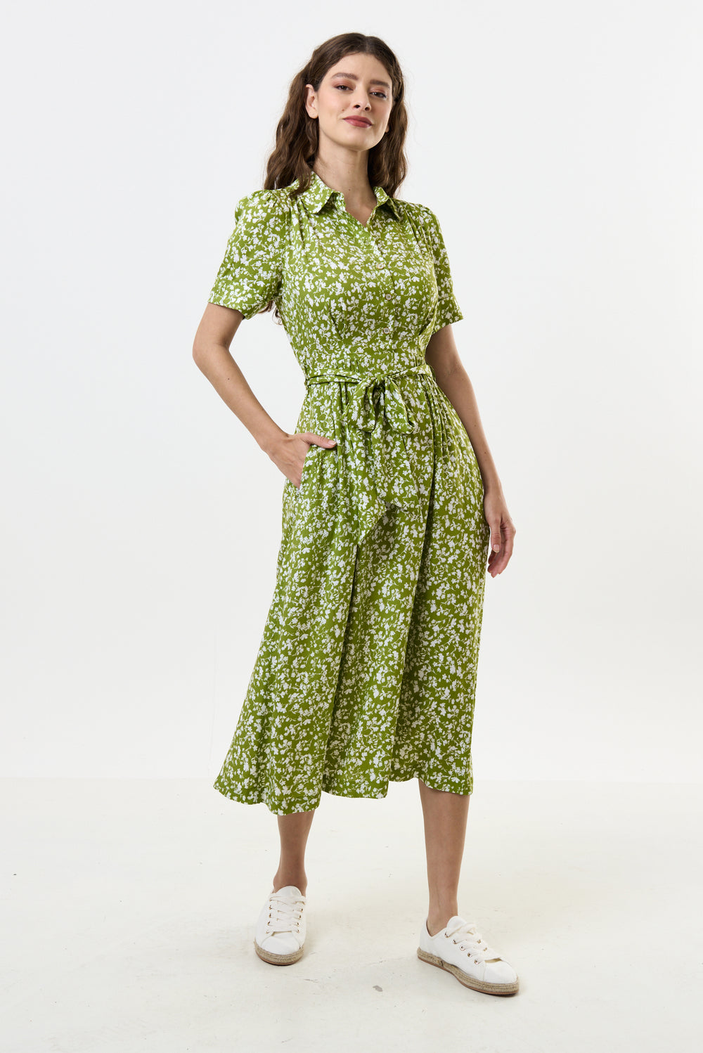 Louche London Dresses - Midi, Mini & Maxi Styles 2 Green Floral Print Short Sleeve Midi Shirtdress