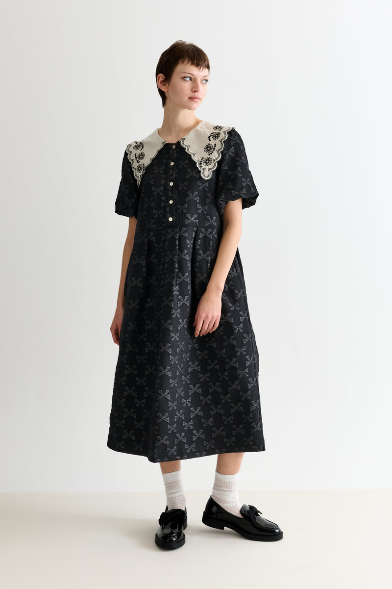 Iris Bow Black Jacquard White Embroidered Collar Midi Dress - Front