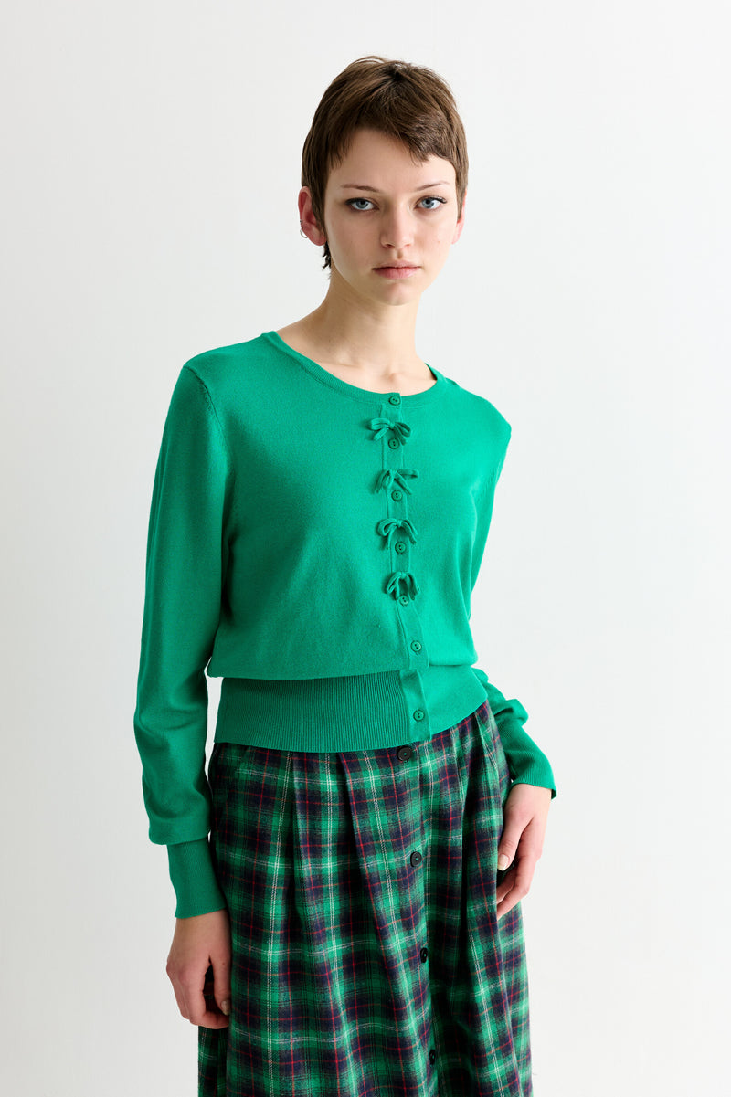 Ives Bow Trimmed Cardigan - Green - Front