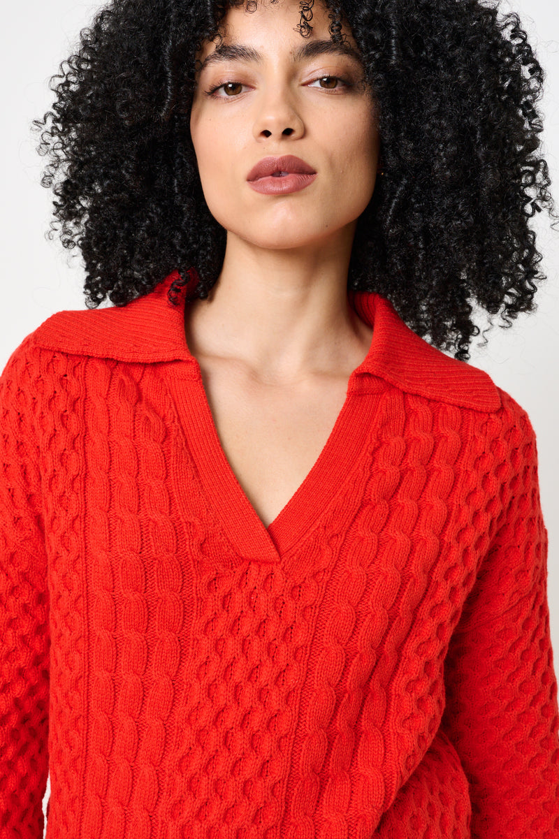 Jamie Cable Collar Jumper - Red - Detail 1