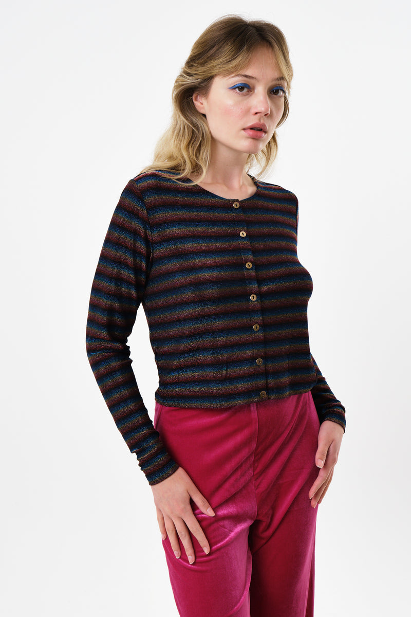 Jayda Sparkle Stripe Cardigan - Gold - Front