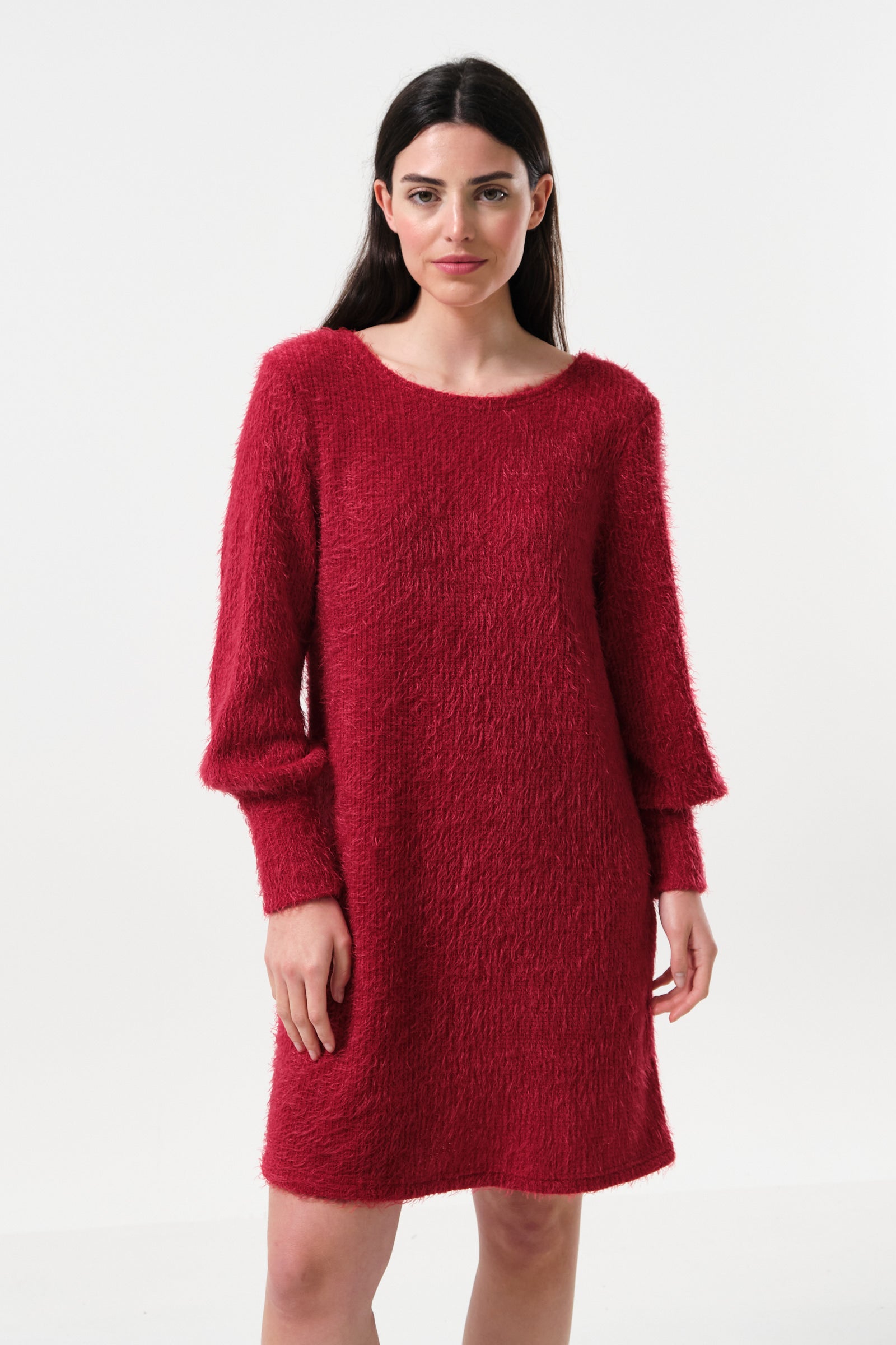 Jenyfer Eyelash Rib Long Sleeve Mini Dress - Red Louche Jenyfer Eyelash Rib Long Sleeve Mini Dress - Red Louche
