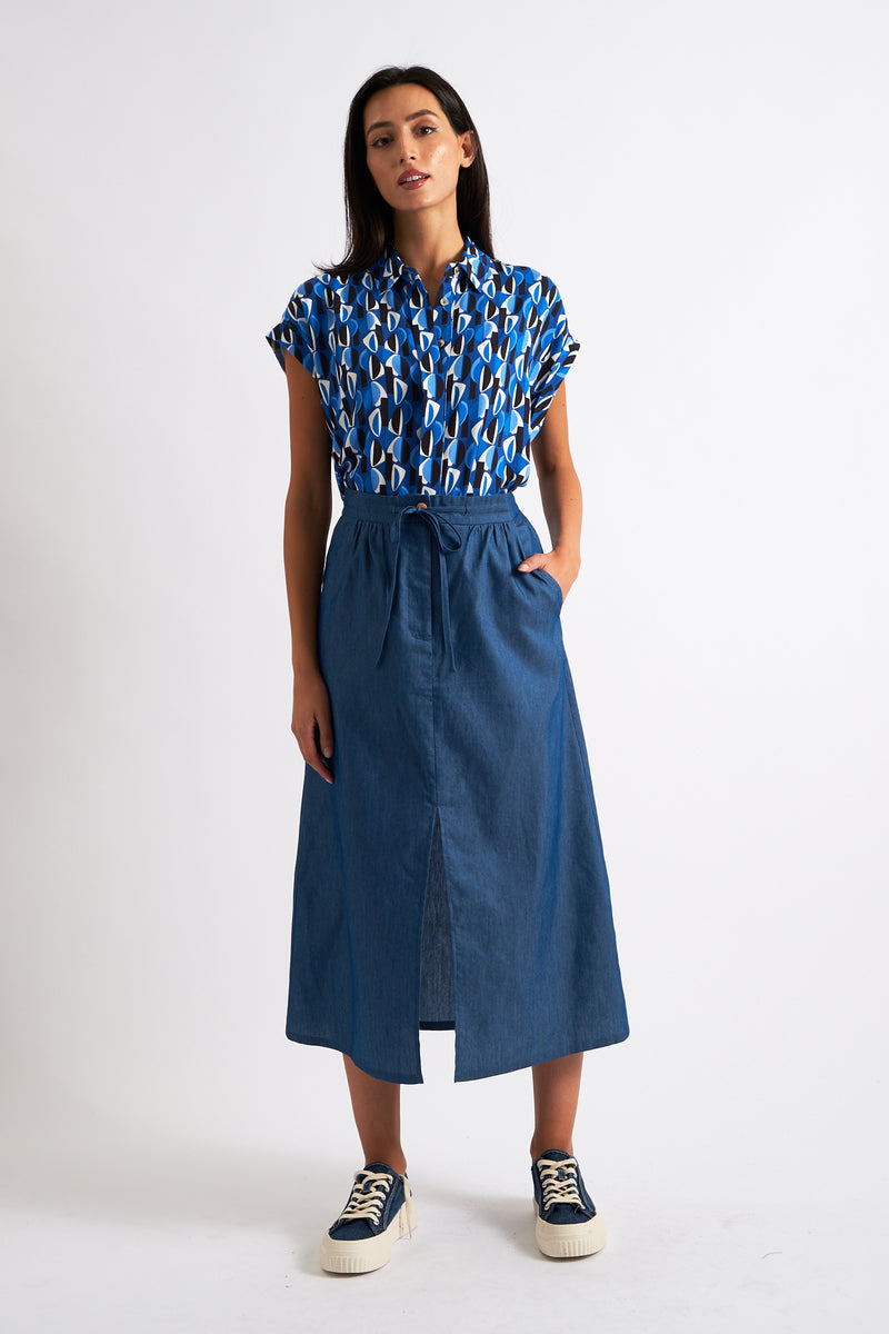 Jessy Chambray Straight Midi Skirt - Front