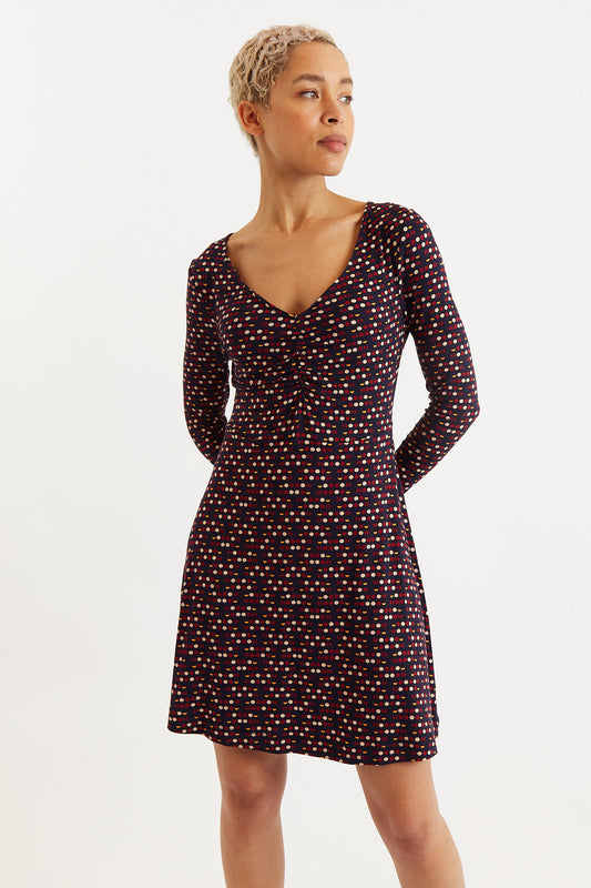 Jona Retro Dots Print Long Sleeve Mini Dress