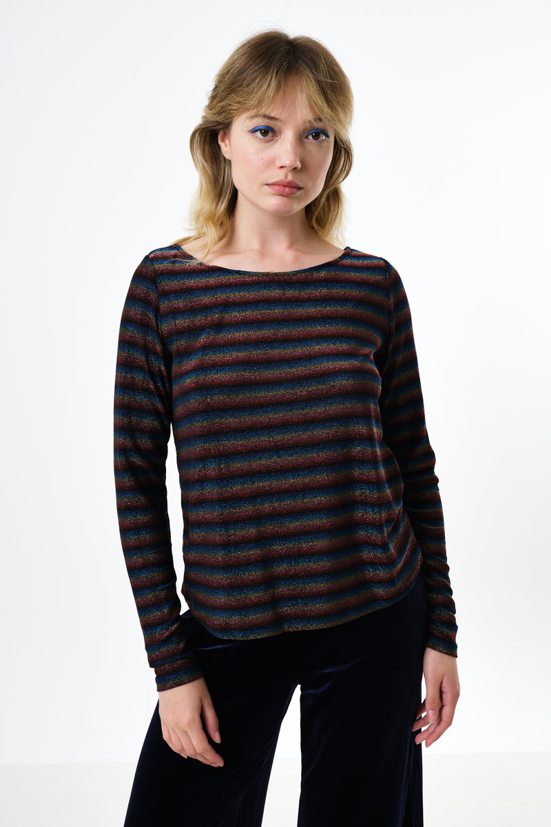 Josiane Sparkle Stripe Boat Neck Top - Gold - Front