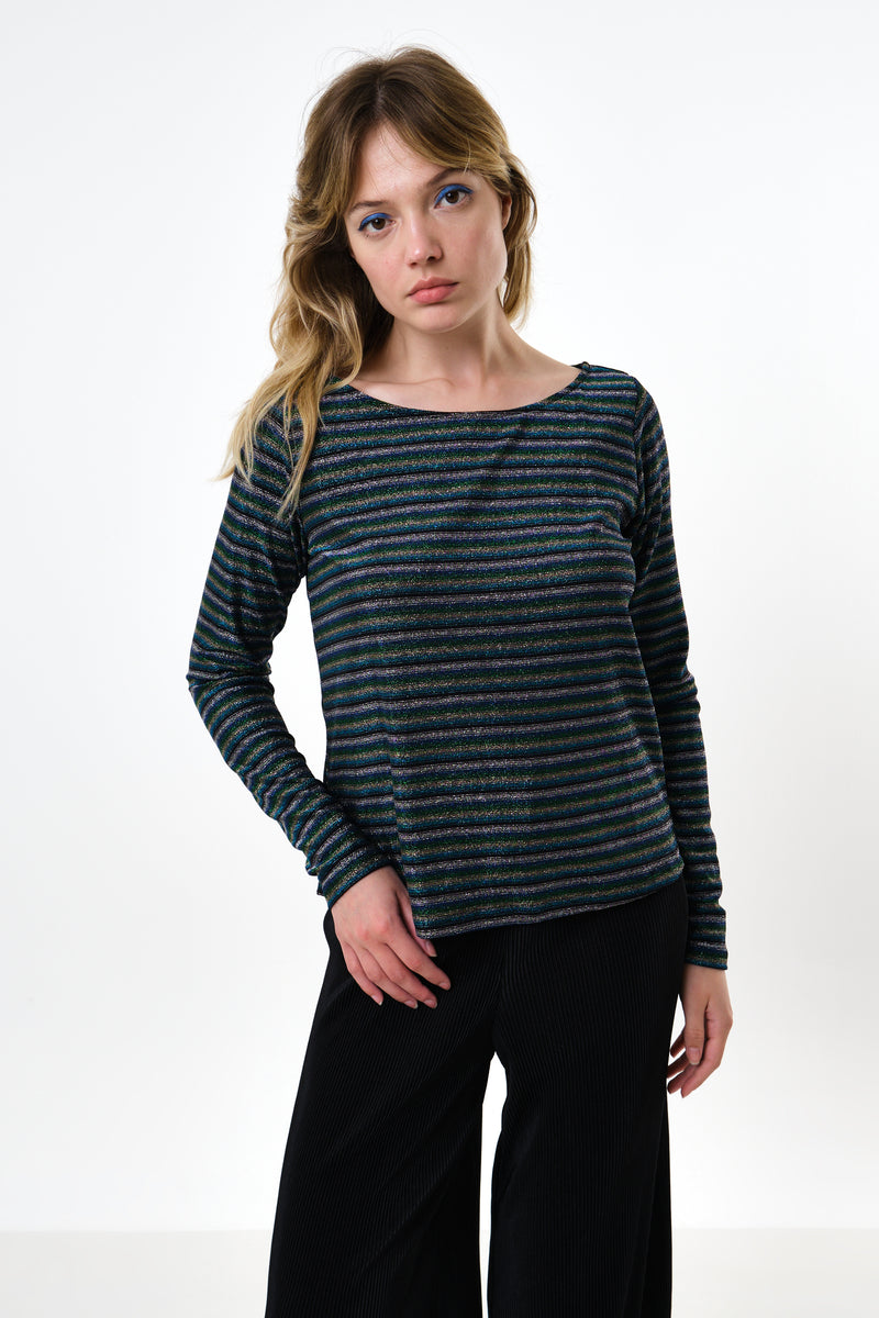Josiane Sparkle Stripe Boat Neck Top - Silver - Front