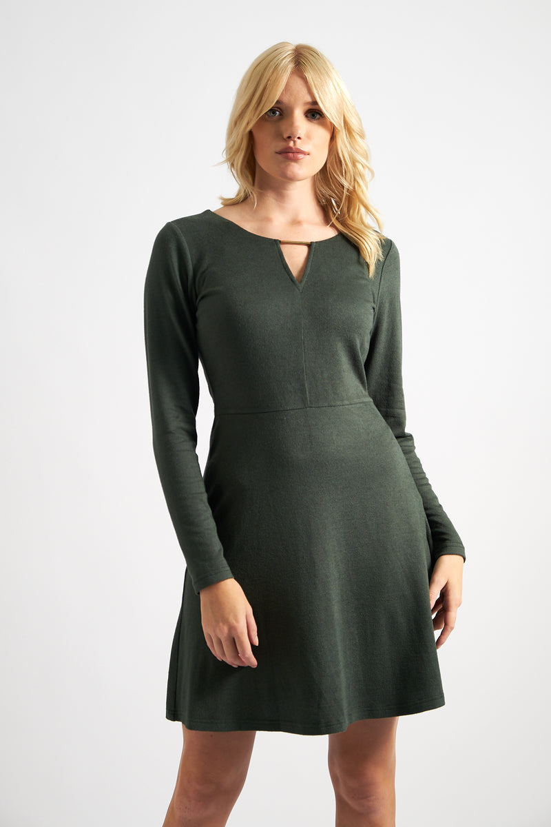 Josy Brushed Marl Jersey Skater Style Mini Dress - Green - Front