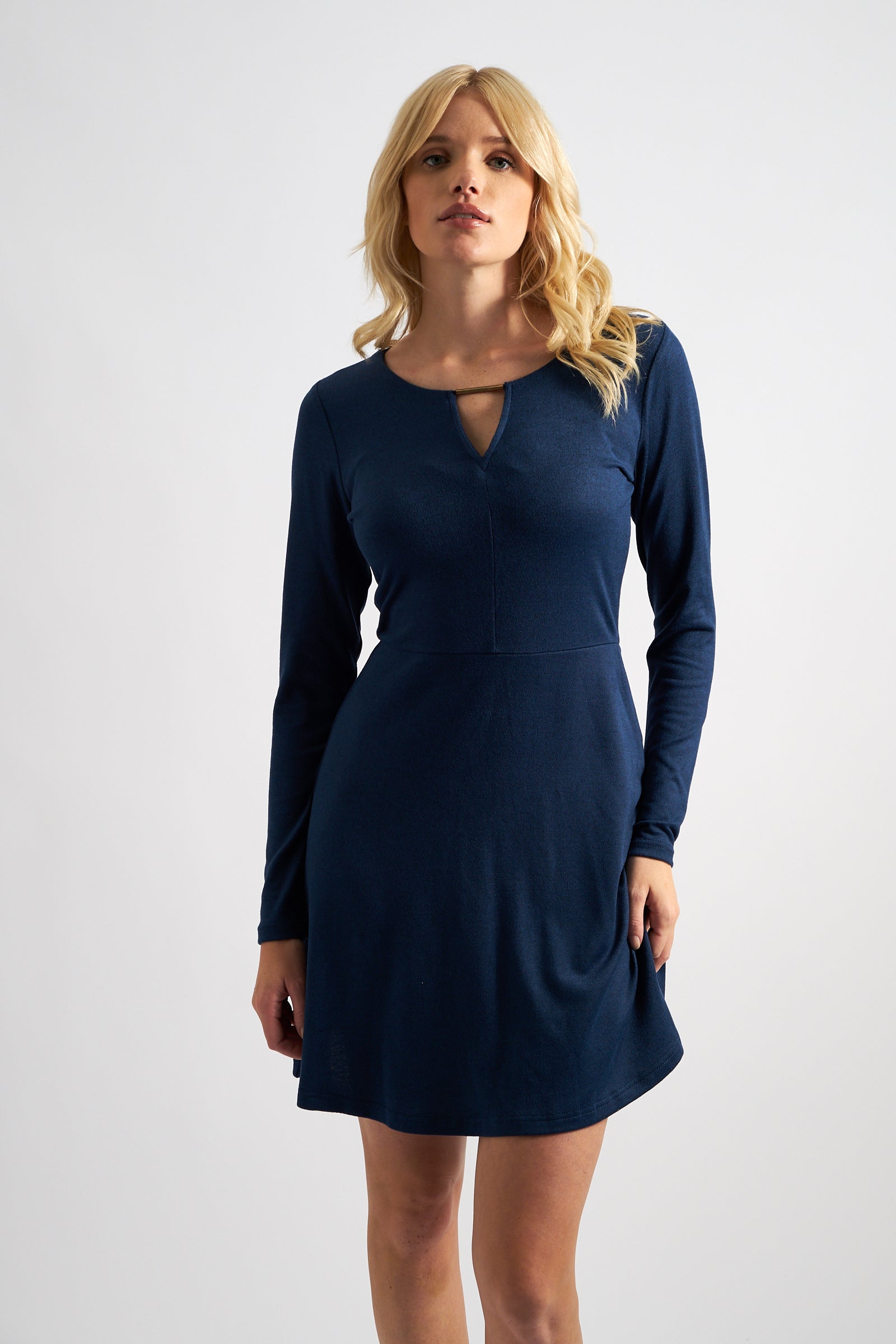 Josy Brushed Marl Jersey Skater Style Mini Dress - Navy Louche Josy Brushed Marl Jersey Skater Style Mini Dress - Navy Louche