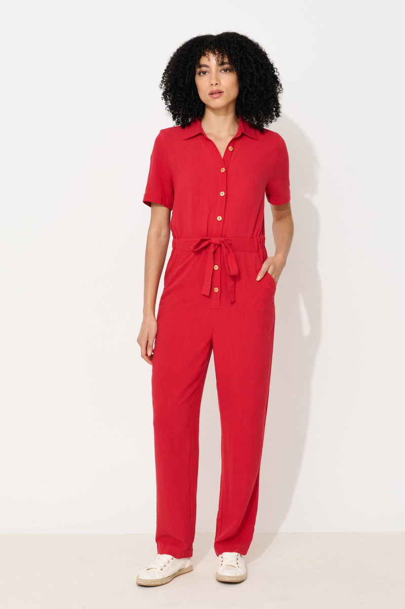 Justin Linen Mix Short Sleeve Jumpsuit - Red - Front