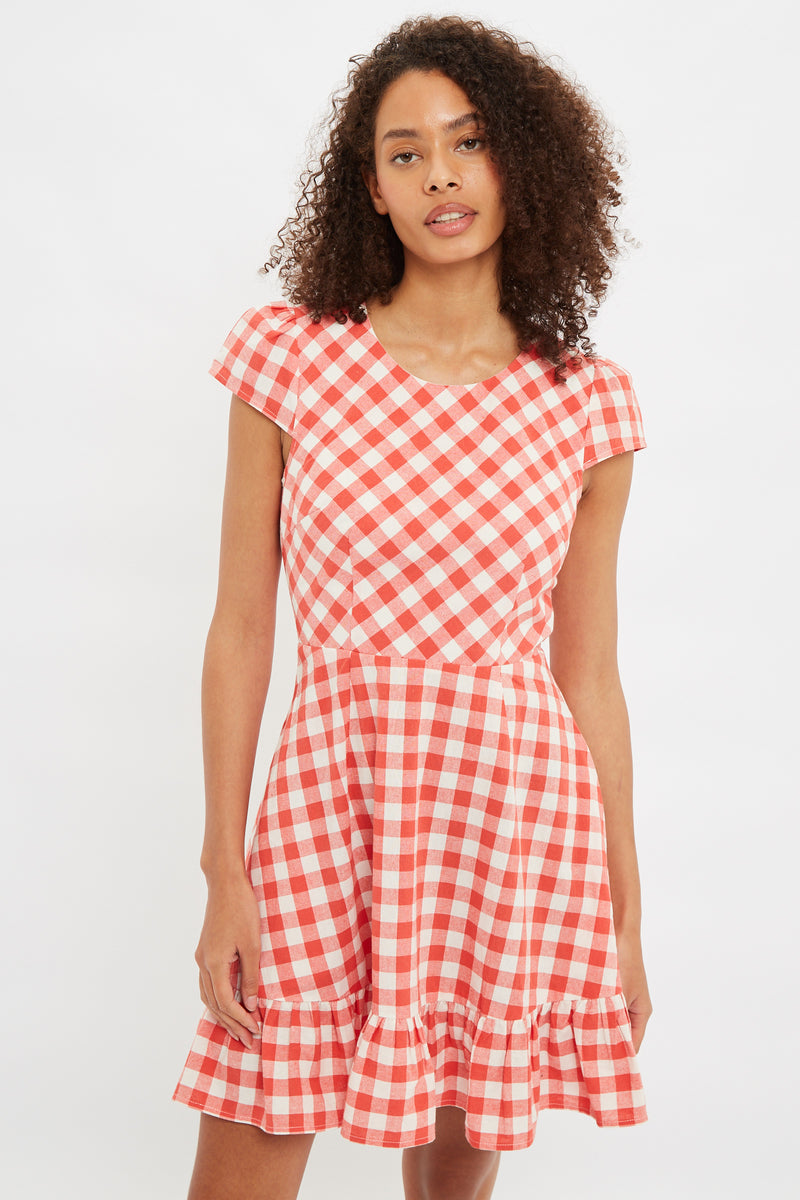 Louche Kare Picnic Check Cap Sleeve Mini Dress In Red - Front