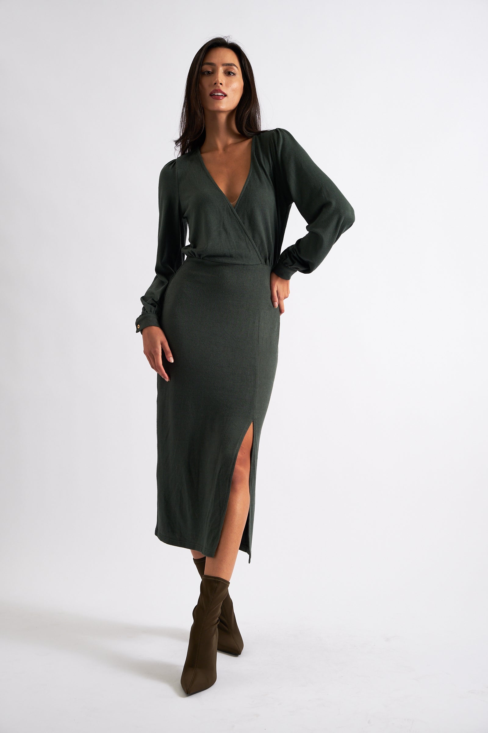 Karen Brushed Marl Jersey Midi Dress - Green Louche Karen Brushed Marl Jersey Midi Dress - Green Louche
