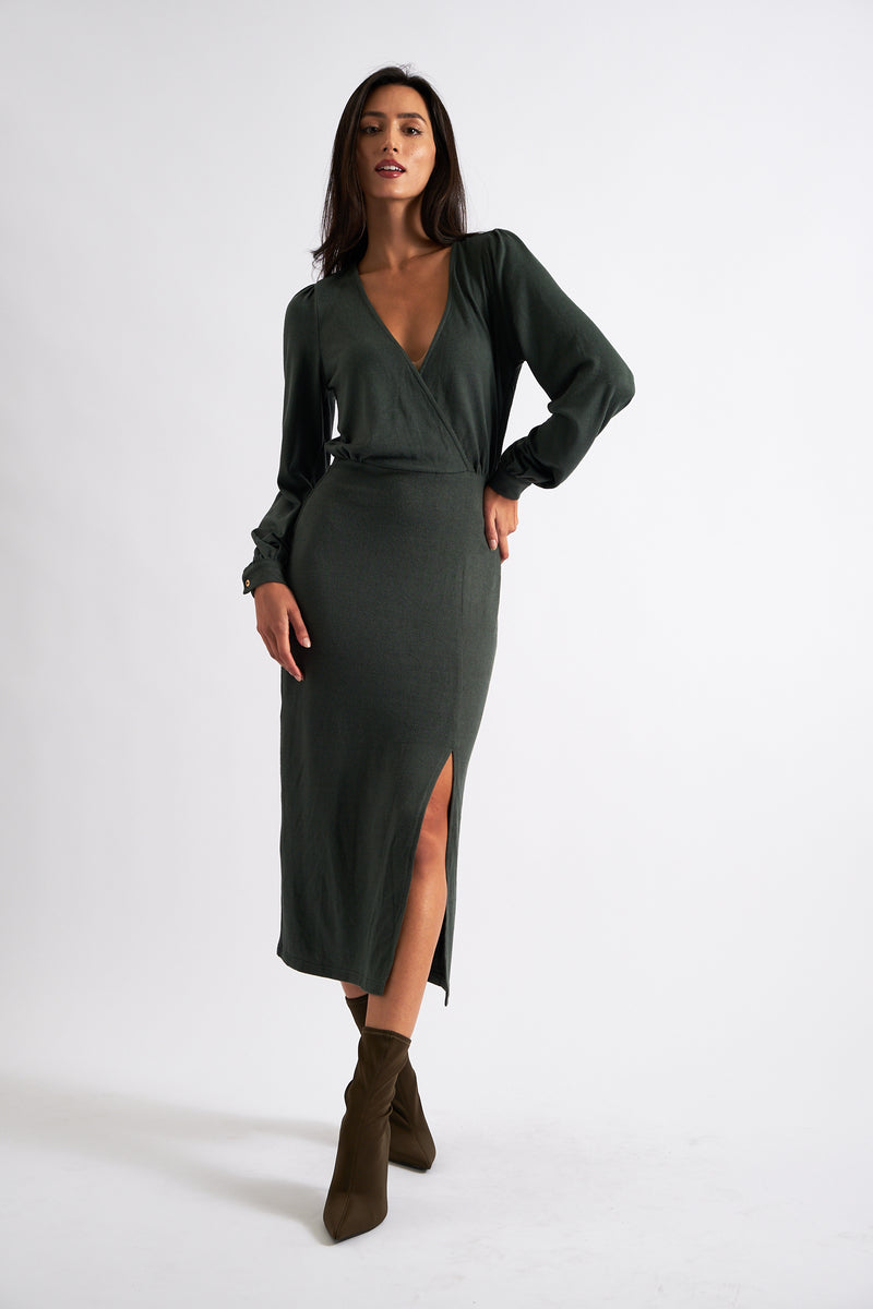 Karen Brushed Marl Jersey Midi Dress - Green - Front