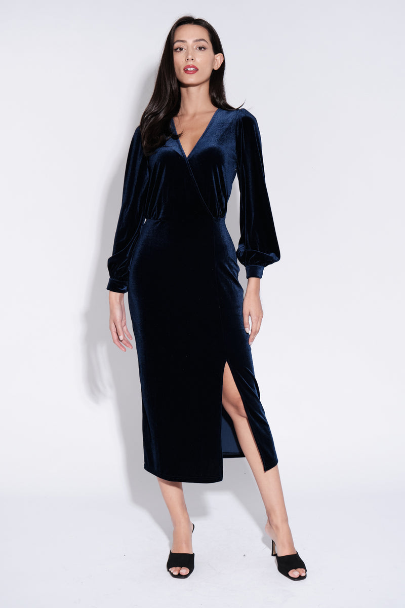 Karen Velvet Wrap Midi Dress in Navy - Front