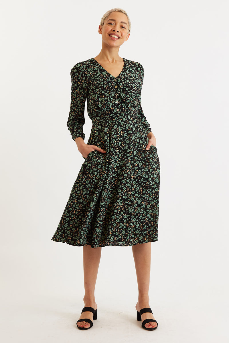 Kathlyn Fleur Vert Print Long Sleeve Midi Dress - Front