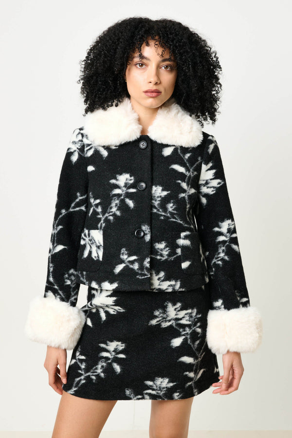 Kent Power Bloom Fur Collar And Cuff Jacket - Black & White