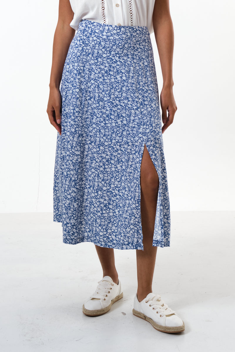 Kiyo Micro Blossom Print Midi Skirt In Blue - Front