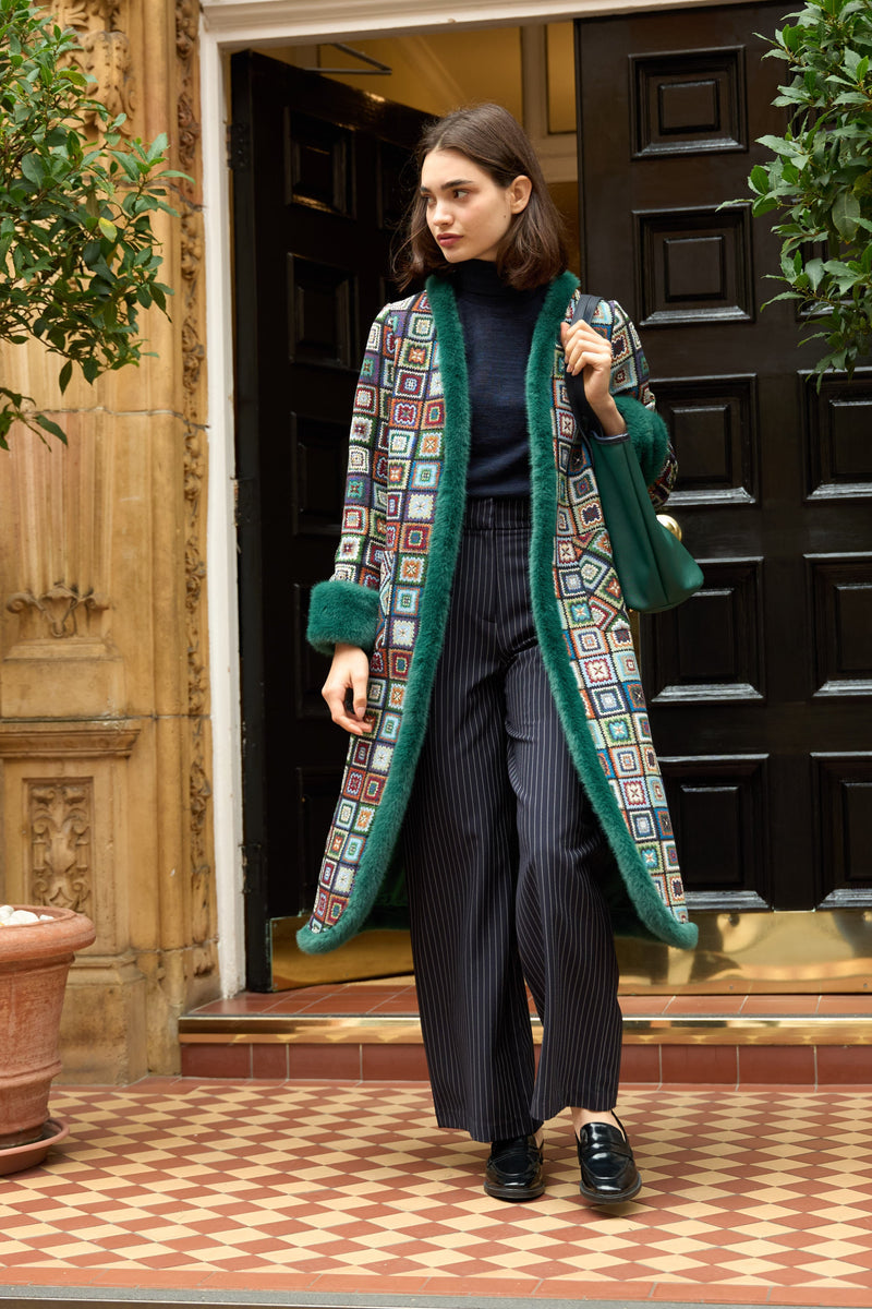 Delphia 70'S Patch Jacquard Fur Trim Coat – Multicoloured - Front