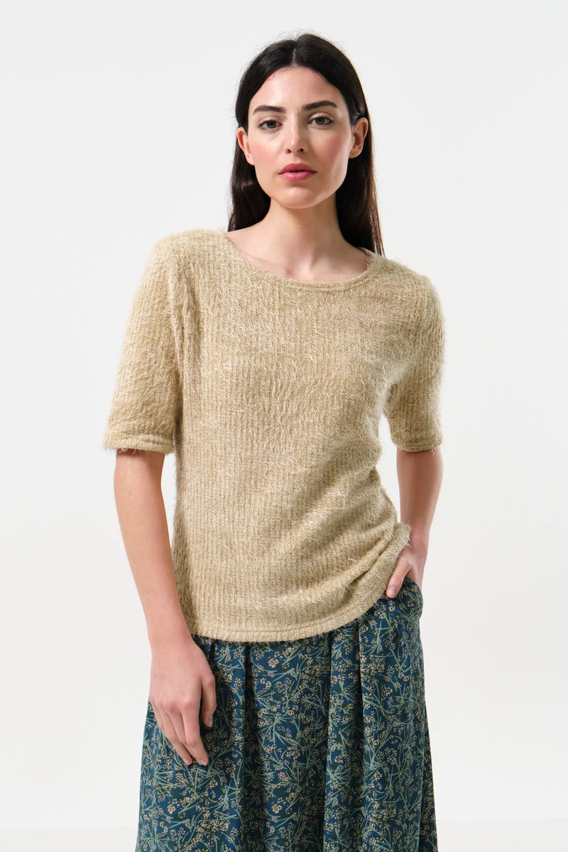 Laureen Eyelash Rib Short Sleeve Jumper - Beige - Front