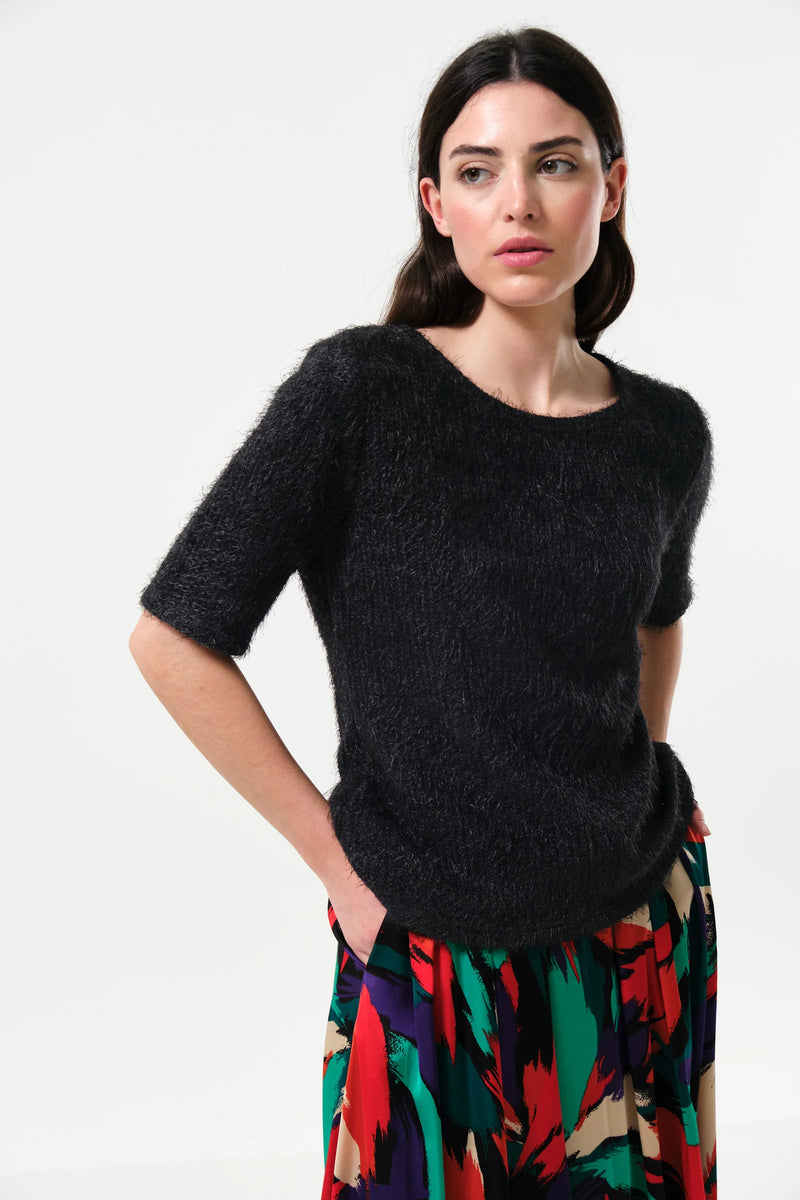 Laureen Eyelash Rib Short Sleeve Jumper - Black - Front