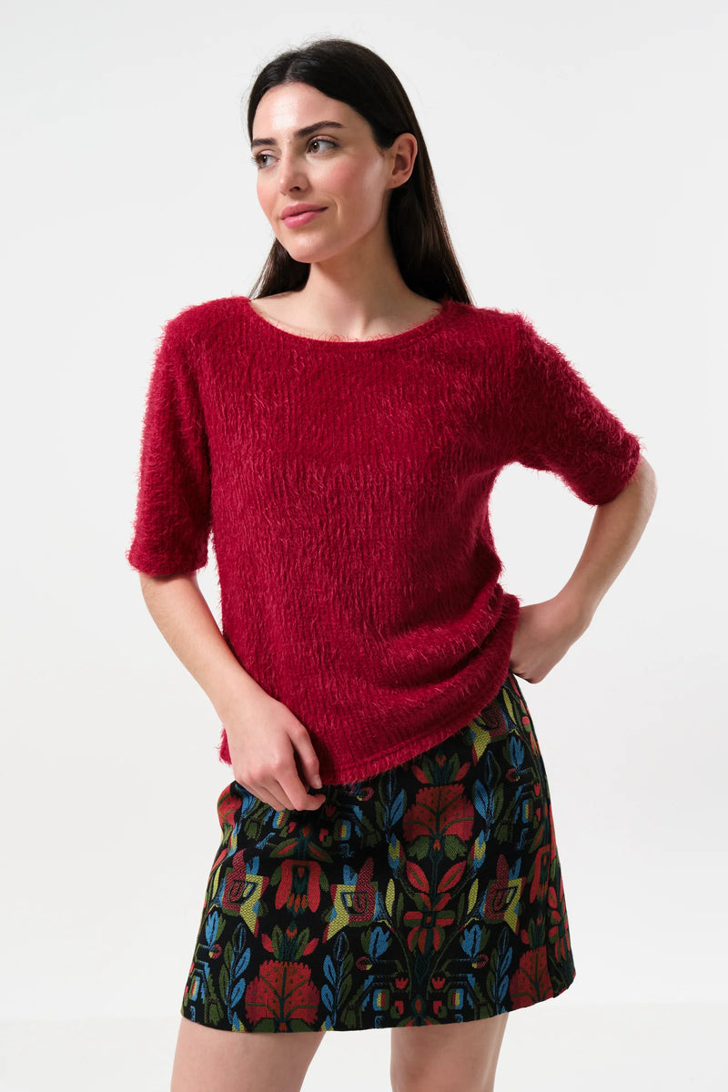 Laureen Eyelash Rib Short Sleeve Jumper - Red - Front