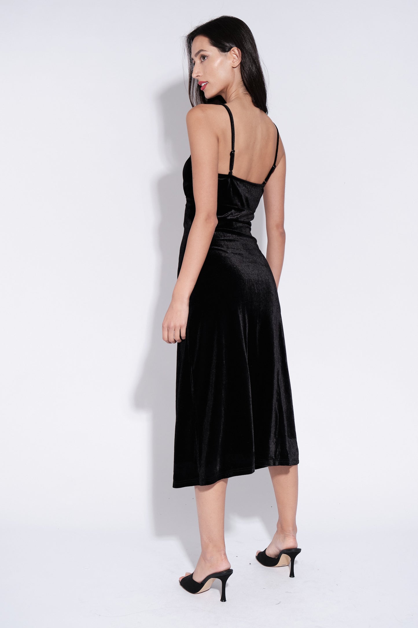 Lexa Velvet Slip Midi Dress in Black