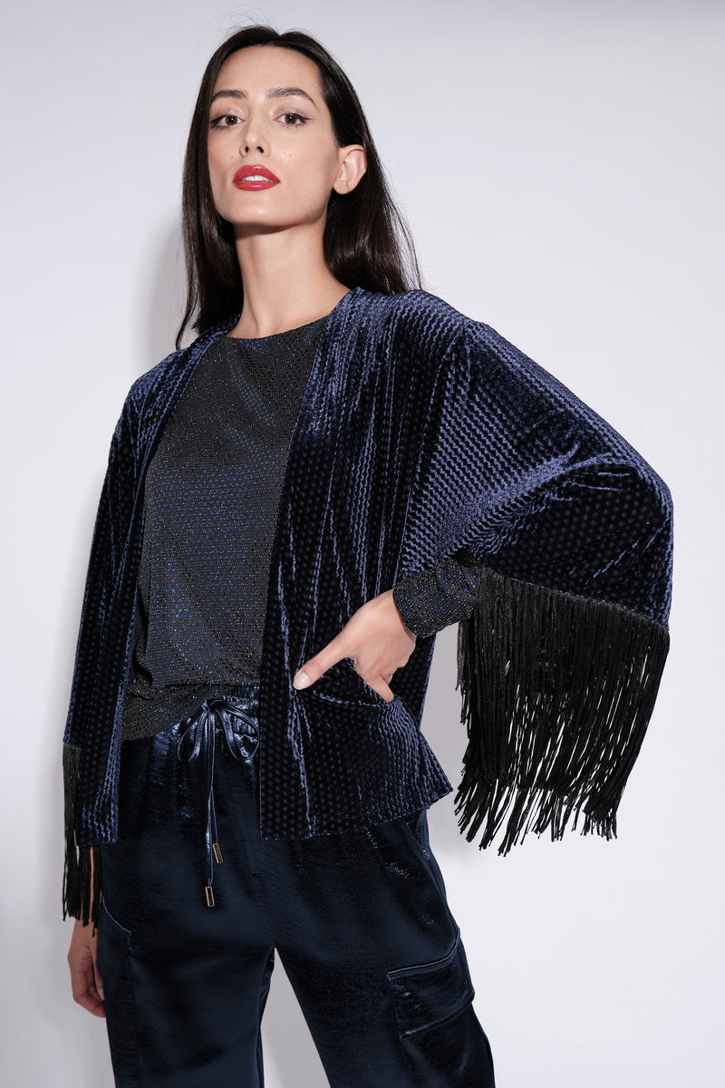 Lilo Fringe Trim Velvet Kimono Navy - Front