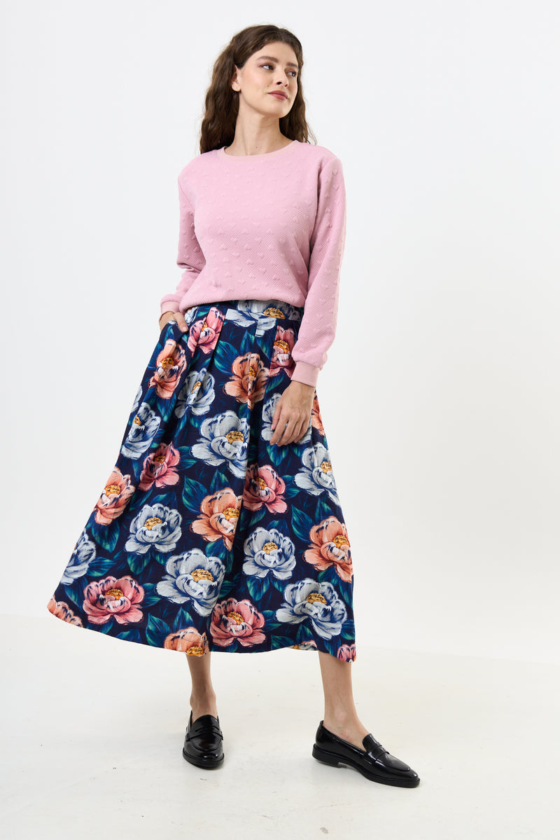 Lizea Peonies Print Pleated Midi Skirt - Navy - Front