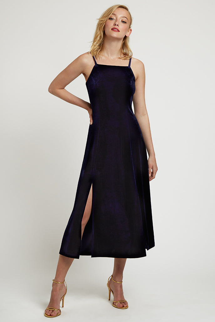 Lubin Velvet Cami Midi Dress - Navy - Front