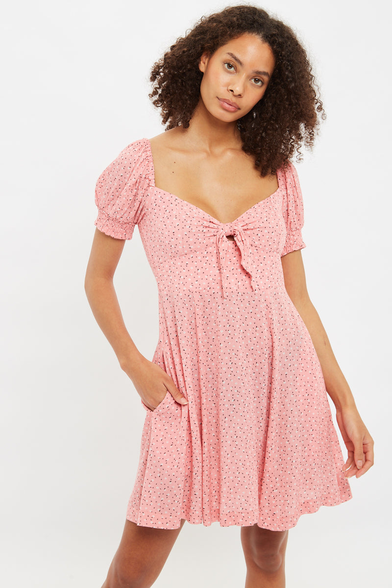 Luiza Teeny Flower Bud Tie Front Short Sleeve Tea Dress - Front