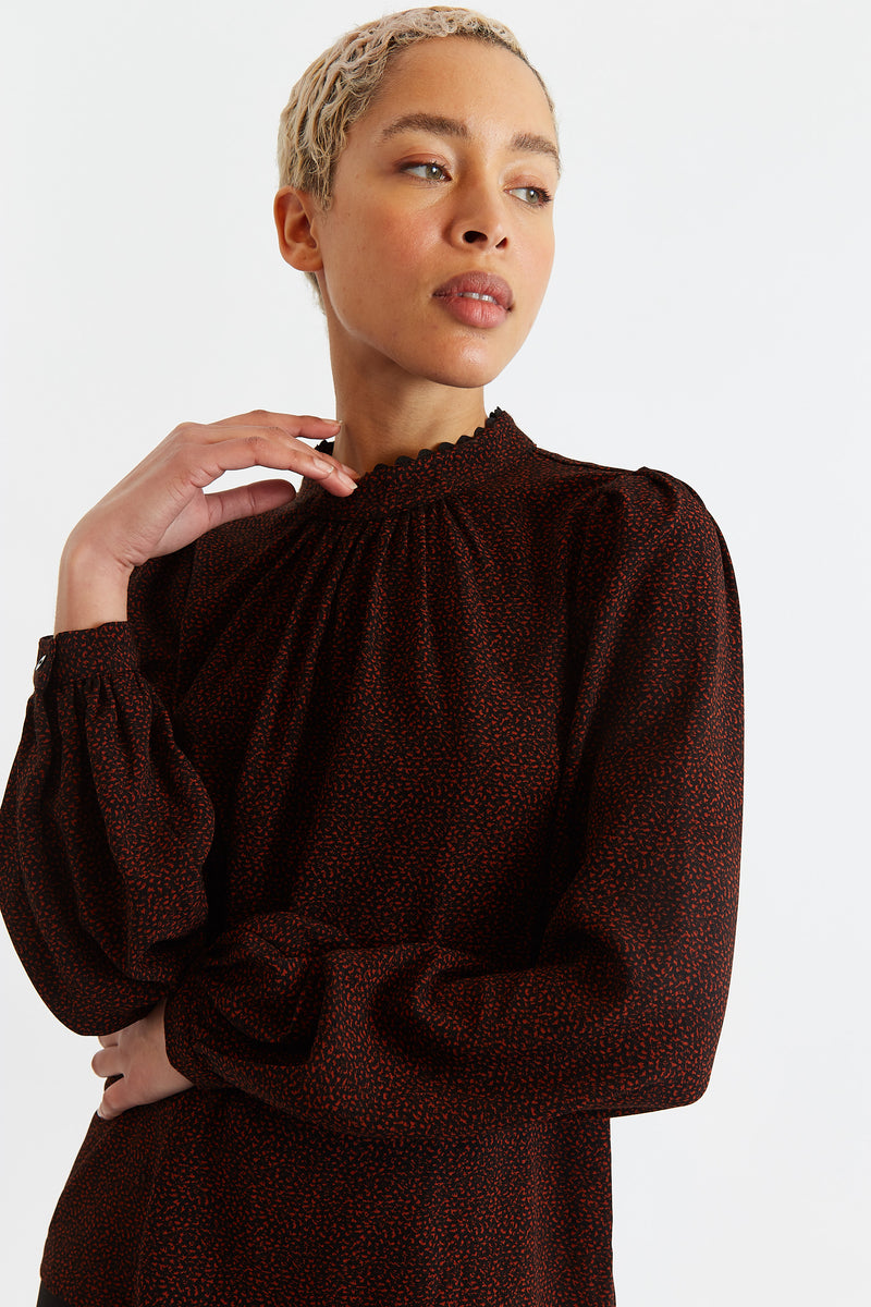 Luna Freckle Print Long Sleeve Blouse - Front