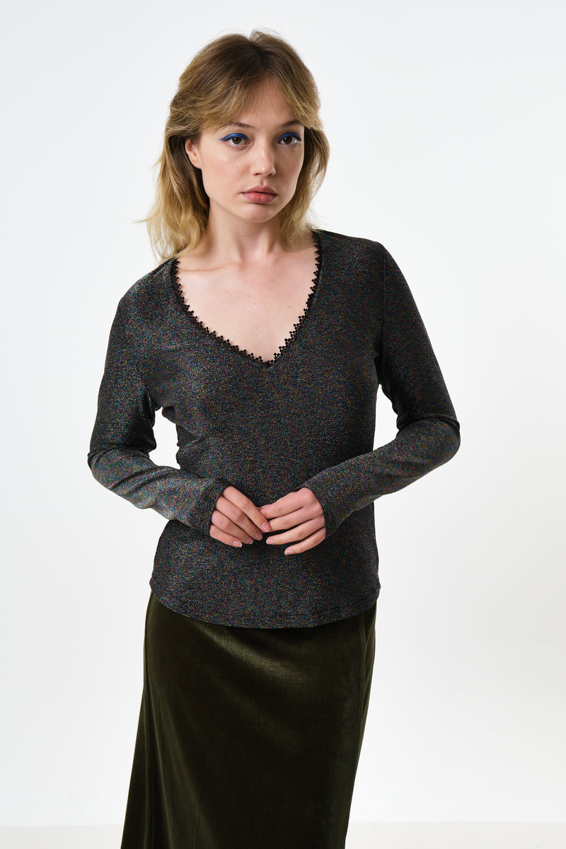 Maeko Sparkle V-Neck Top - Multi - Front