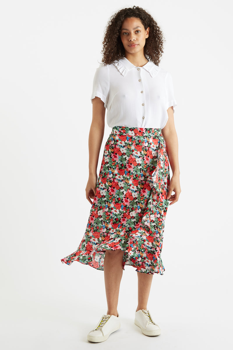 Louche Mara Flower Splash Print Ruffle Hem Wrap Midi Skirt - Front