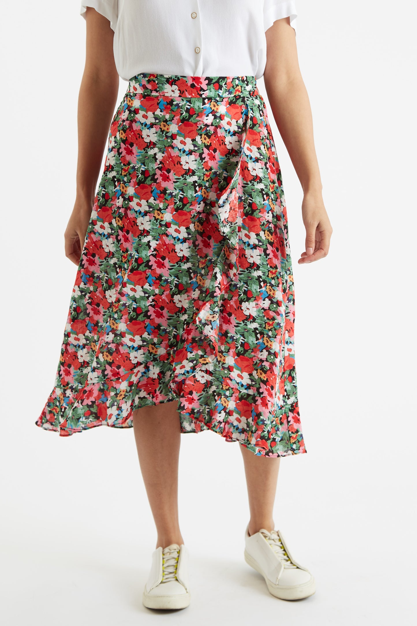 Louche Mara Flower Splash Print Ruffle Hem Wrap Midi Skirt