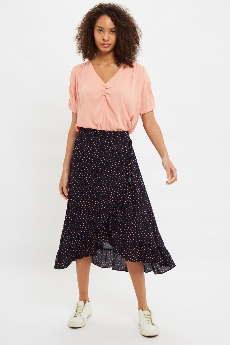 Louche Mara Teeny Flower Bud Print Ruffle Hem Wrap Midi Skirt - Front