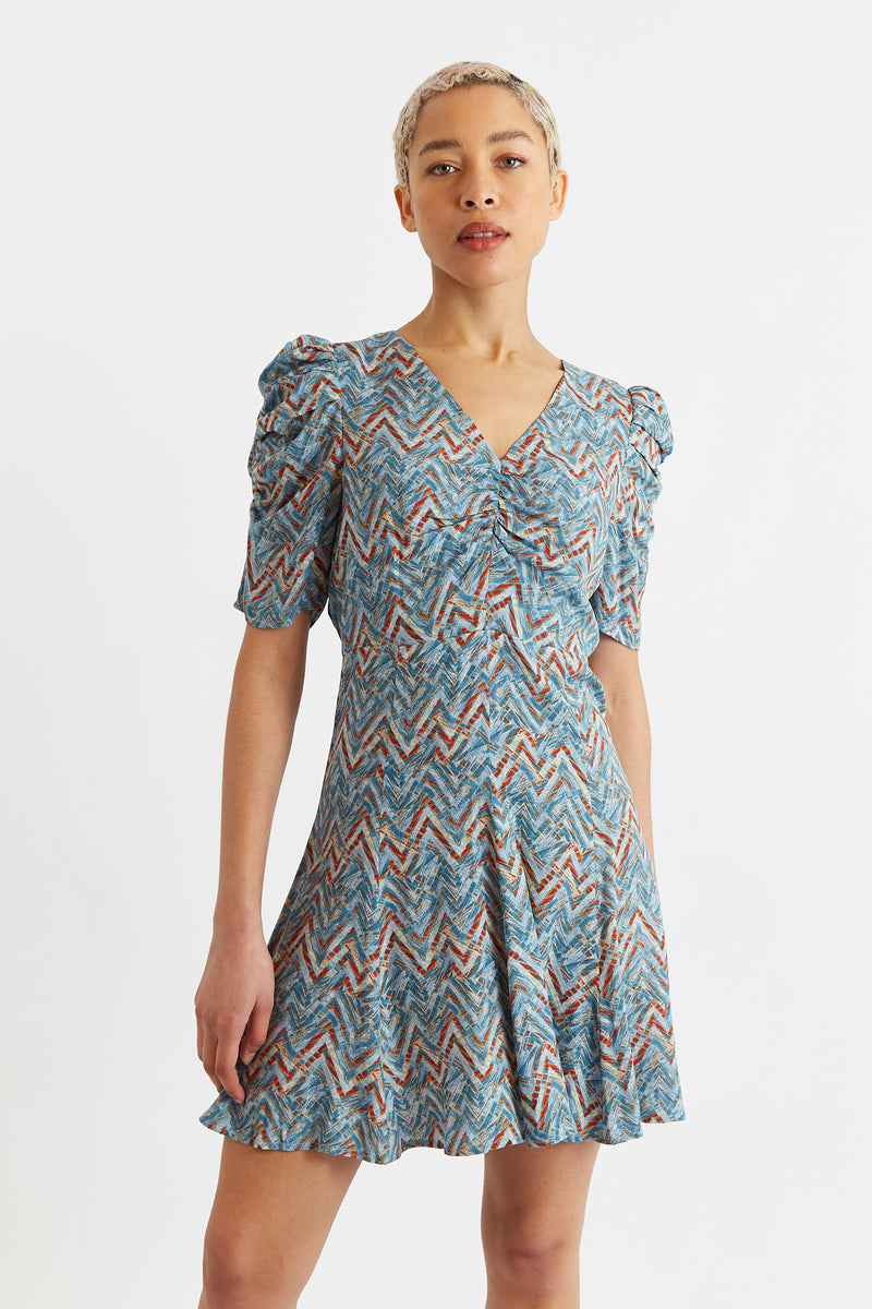 Margot Art Attack Print Mini Tea Dress - Duck Egg - Front