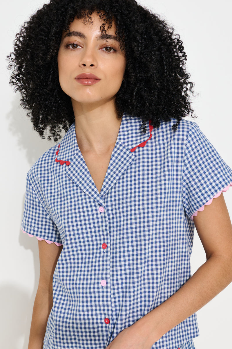 Marika Gingham Ric Rac Trim Resort Shirt - Blue - Front