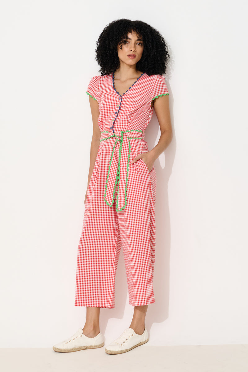 Marleen Gingham Ric Rac Trim Cropped Jumpsuit - Red - Front