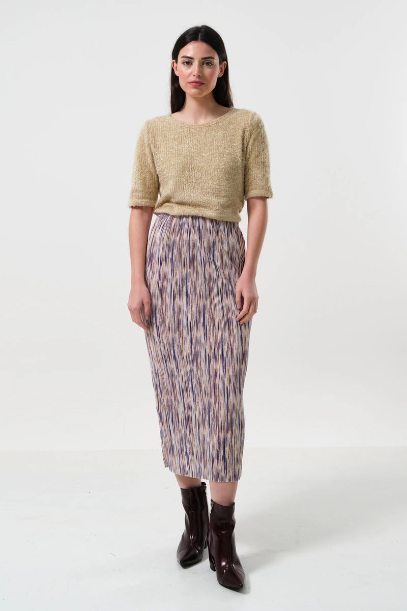 Maylis Line Print Pleat Mid Skirt - Front