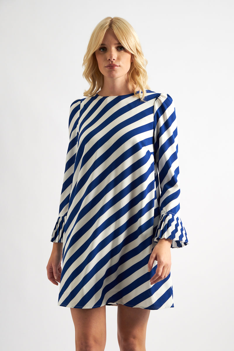 Megann Diagonal Lines Print Pleated Cuff Mini Dress - Blue - Front