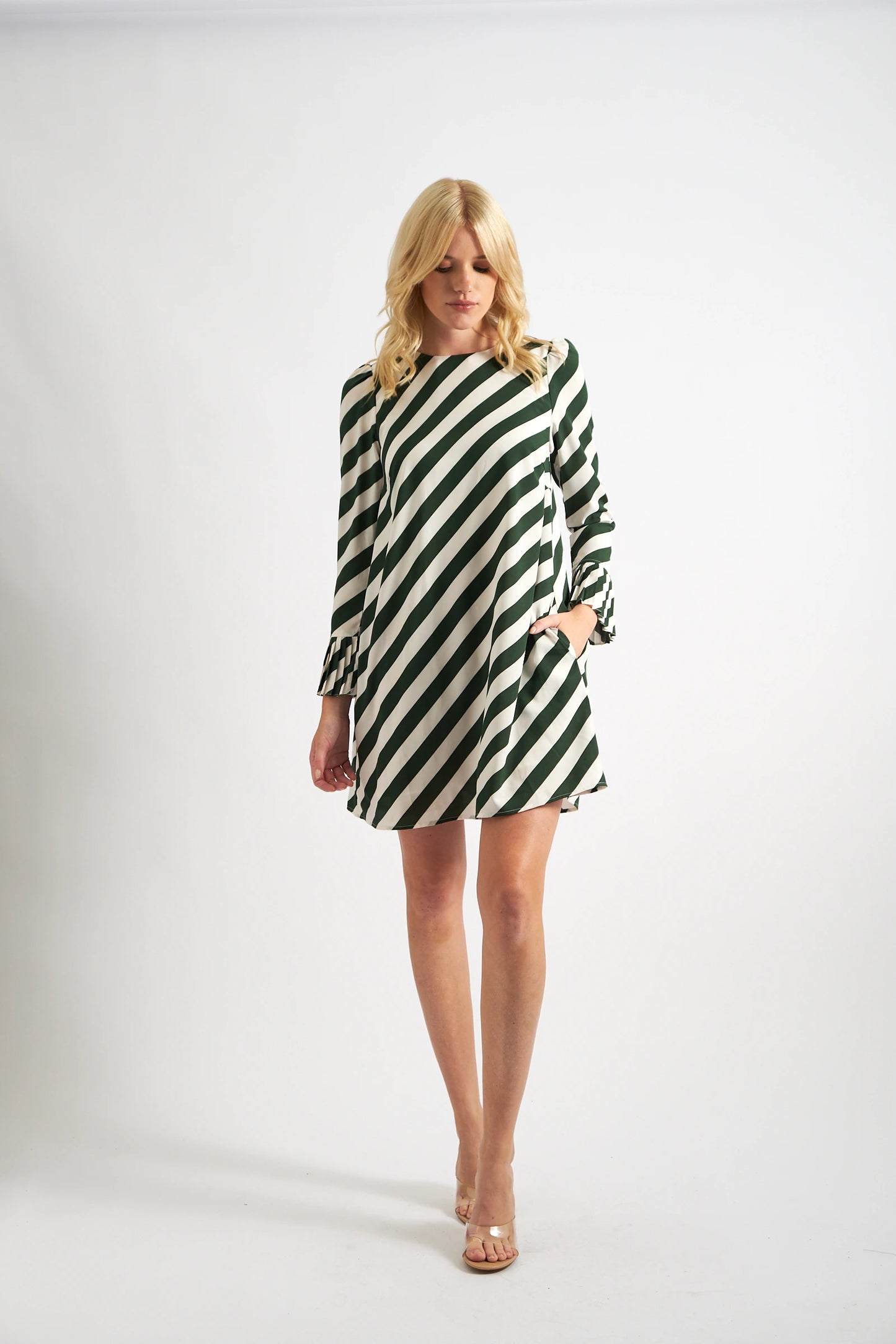 Megann Diagonal Lines Print Pleat Cuff Mini Dress - Green