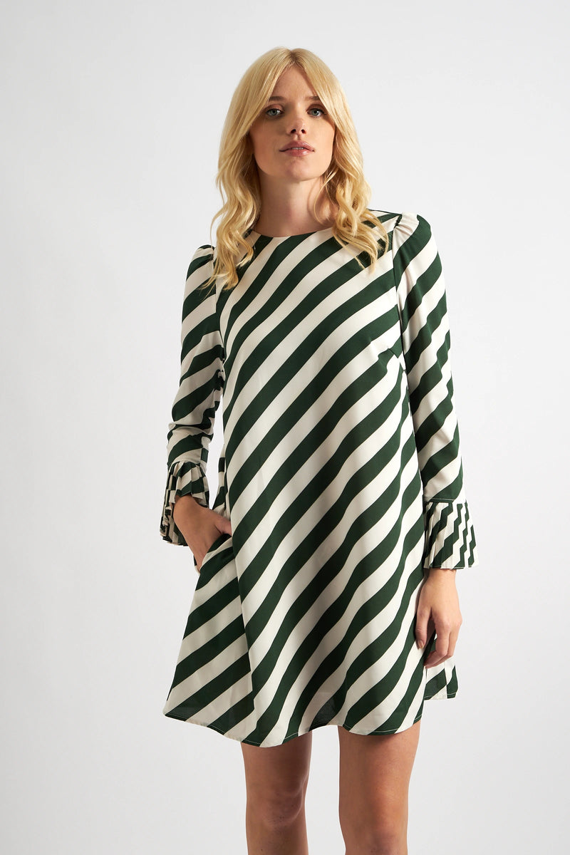Megann Diagonal Lines Print Pleat Cuff Mini Dress - Green - Front