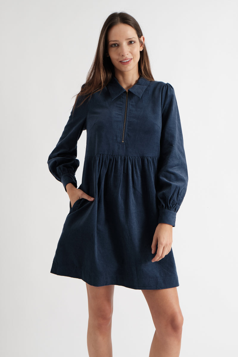 Melany Zip Front Cord Mini Dress in Navy - Front