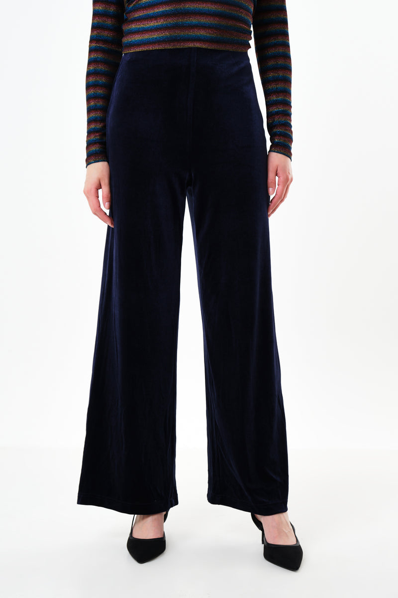 Melvin Velvet Wide Leg Trousers - Navy - Front