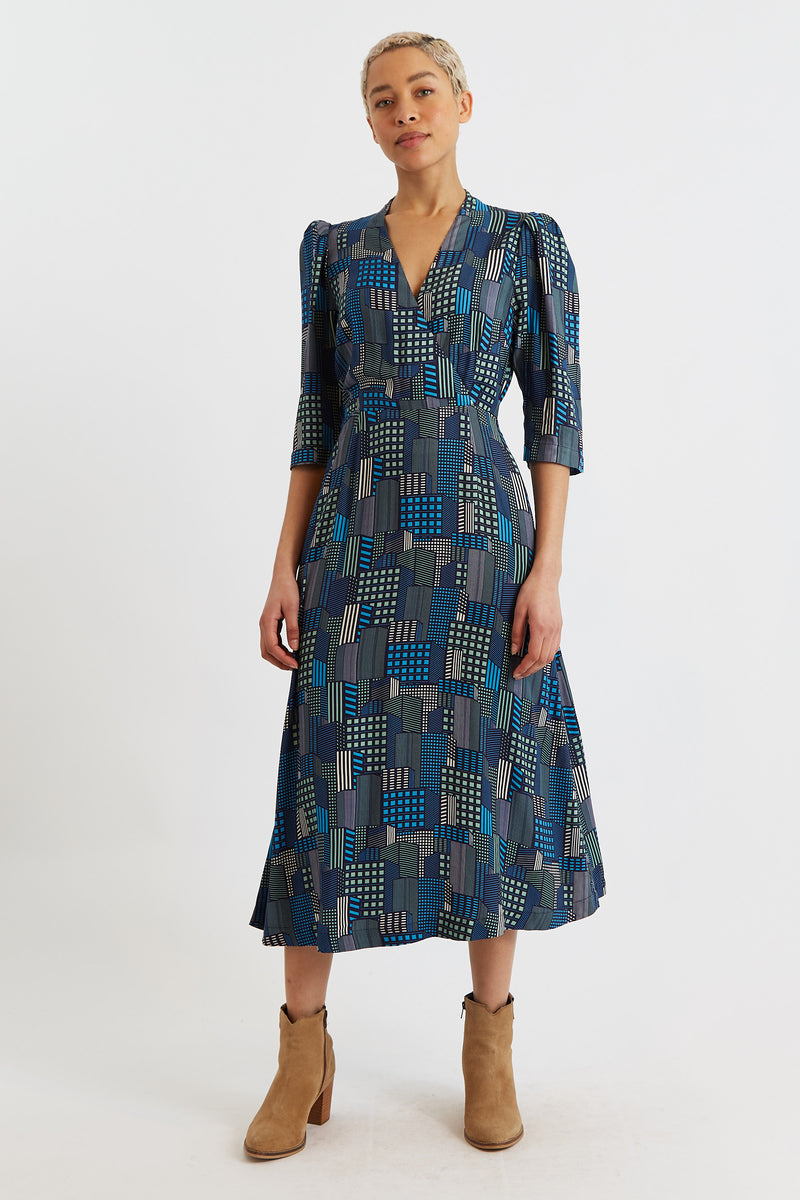 Metea Geo City Print Faux Wrap Midi Dress - Front