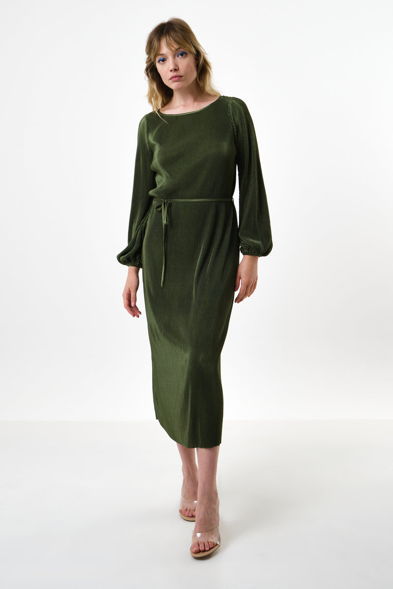 Milene Pleat Long Sleeve Midi Dress - Sage - Front