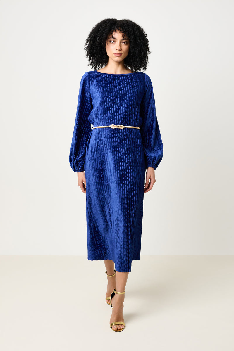 Milene Velvet Pleat Midi Dress - Cobalt - Front