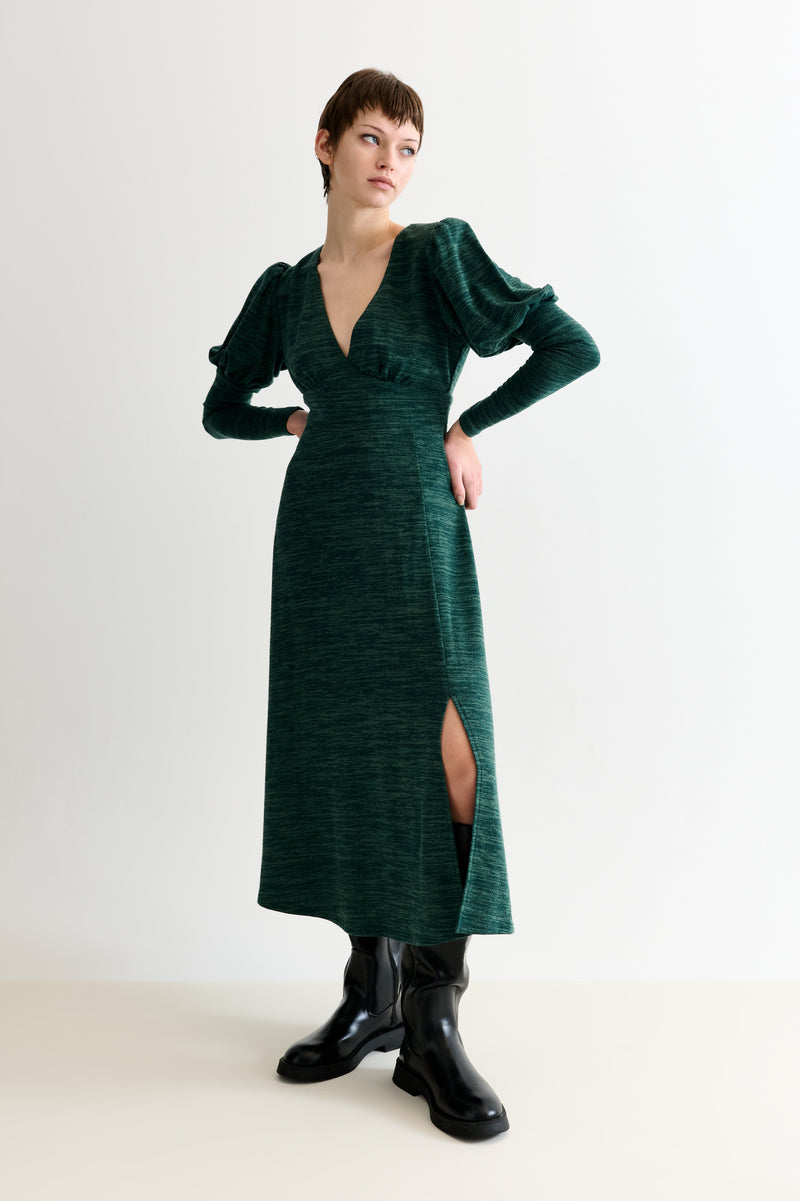 Moa Sustainable Marl Puff Sleeve V Neck Midi Dress - Green - Front