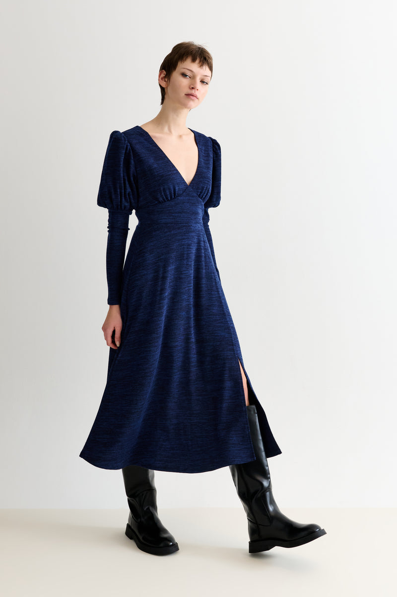 Moa Sustainable Marl Puff Sleeve V Neck Midi Dress - Navy - Front